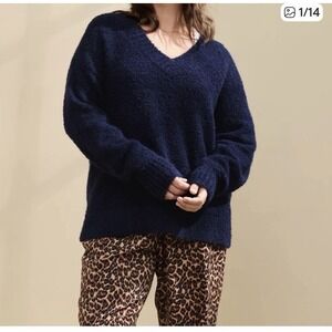 Aerie Cozy V Neck Boucle Knit Sweater Blue Beige Fuzzy Warm Size Xs 560